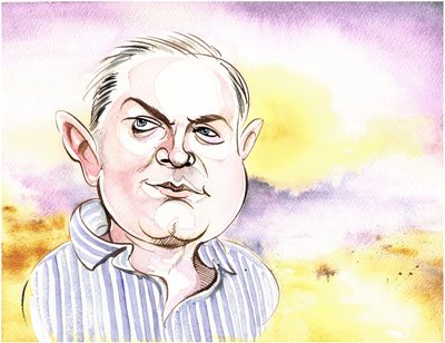 George Benjamin - caricature with background landscape, a reference to At First Light by Neale Osborne